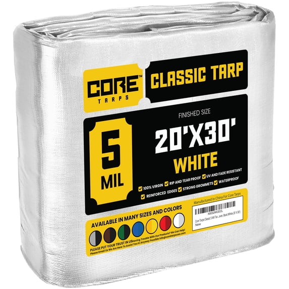 Core Tarps 5 Mil Classic Tarp Tarpaulin Waterproof Cover, White 20 x 30Ft