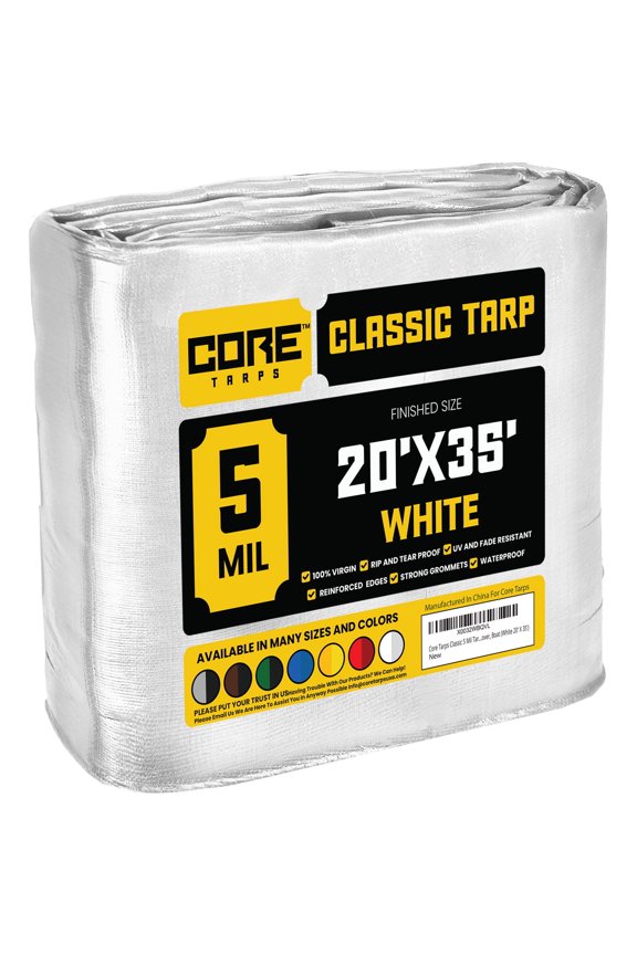 5 Mil Classic Tarp Tarpaulin Waterproof Cover, White 20 x 35Ft