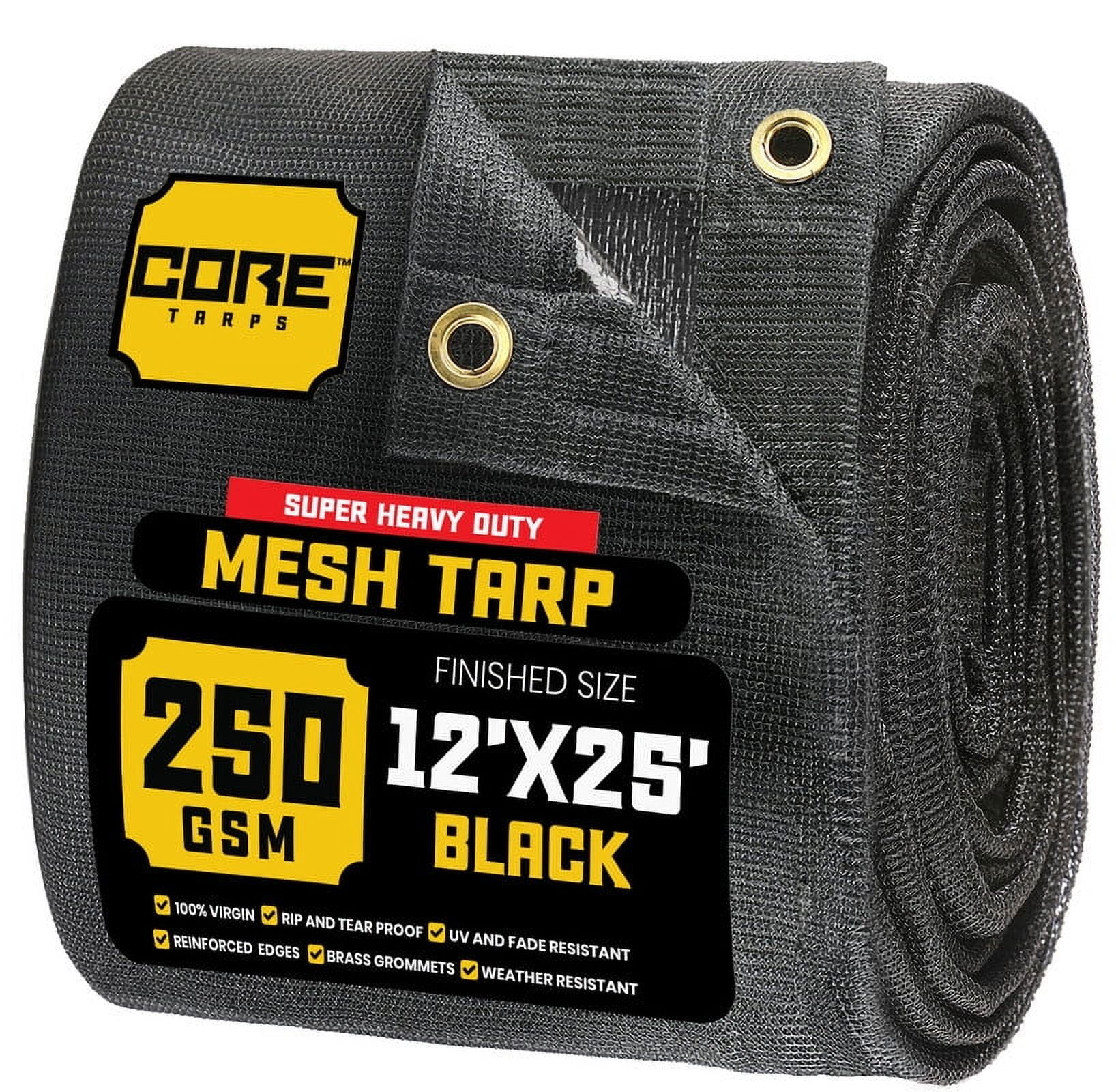 Core Tarps 60% Black Shade Cloth with Grommets - 12 X 25 FT Heavy Duty Mesh Tarp - Sun Shade Cloth for Garden Vegetables Plants Greenhouse Outdoors Backyard Fences Dump Trucks Patio Mesh Shade Tarp