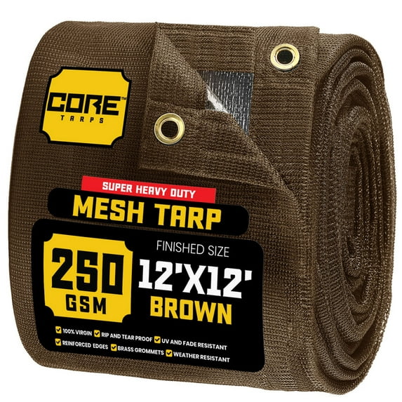 Core Tarps 60% Brown Shade Cloth with Grommets - 12 X 12 FT Heavy Duty Mesh Tarp - Sun Shade Cloth for Garden Vegetables Plants Greenhouse Outdoors Backyard Fences Dump Trucks Patio Mesh Shade Tarp