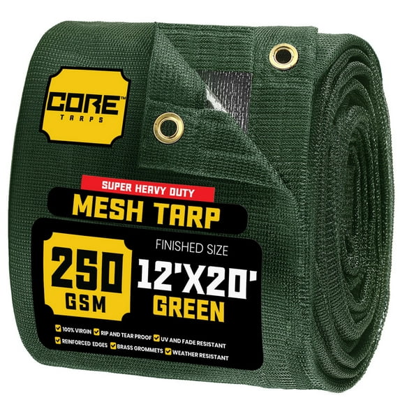Core Tarps 60% Green Shade Cloth with Grommets - 12 X 20 FT Heavy Duty Mesh Tarp - Sun Shade Cloth for Garden Vegetables Plants Greenhouse Outdoors Backyard Fences Dump Trucks Patio Mesh Shade Tarp