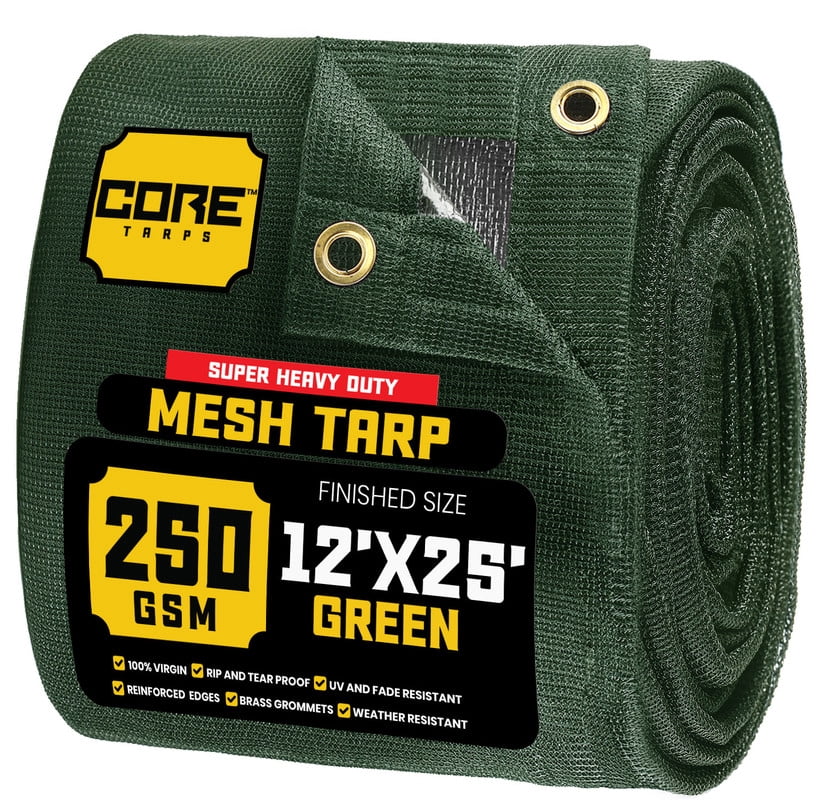 Core Tarps 60% Green Shade Cloth with Grommets - 12 X 25 FT Heavy Duty Mesh Tarp - Sun Shade Cloth for Garden Vegetables Plants Greenhouse Outdoors Backyard Fences Dump Trucks Patio Mesh Shade Tarp