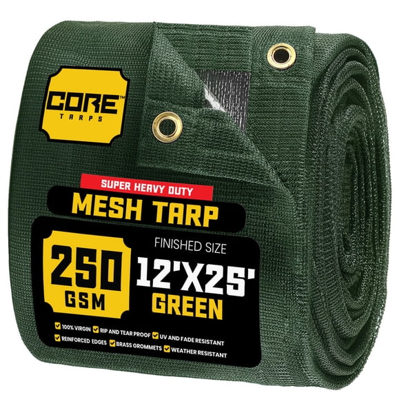 Core Tarps 60% Green Shade Cloth with Grommets - 12 X 25 FT Heavy Duty Mesh Tarp - Sun Shade Cloth for Garden Vegetables Plants Greenhouse Outdoors Backyard Fences Dump Trucks Patio Mesh Shade Tarp