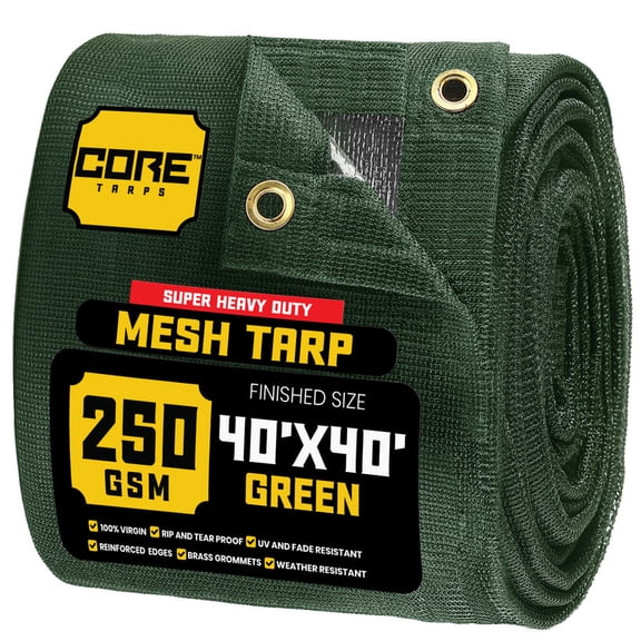 Core Tarps 60% Green Shade Cloth with Grommets - 40 X 40 FT Heavy Duty Mesh Tarp - Sun Shade Cloth for Garden Vegetables Plants Greenhouse Outdoors Backyard Fences Dump Trucks Patio Mesh Shade Tarp