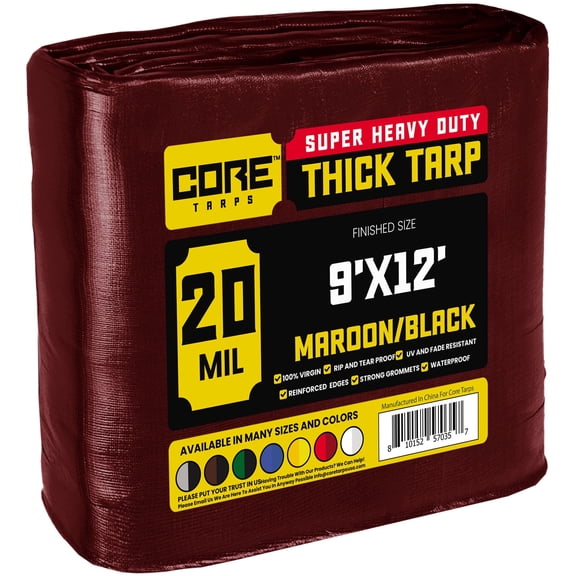 Core Tarps Extreme Heavy Duty 20 Mil Tarp, Maroon/Black 9′ X 12′