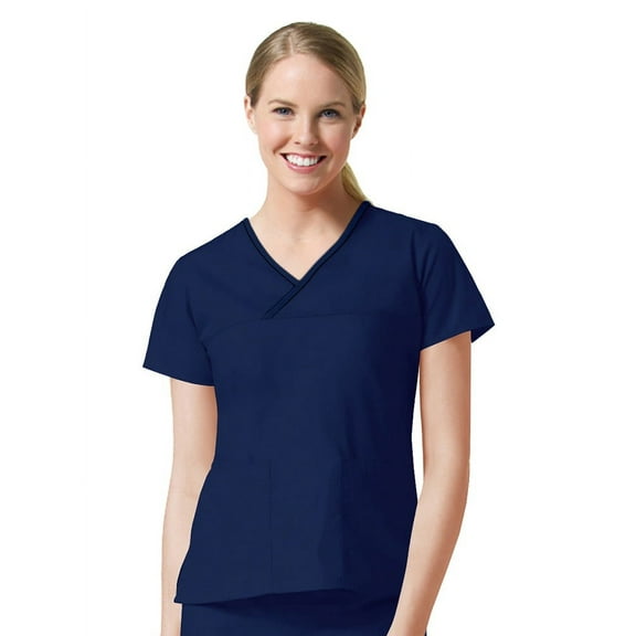 Core by Maevn Women's Y-Neck Mock Wrap Solid Scrub Top