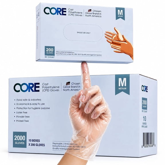 CoreGloves Gloves Disposable Latex Free Powder Free, Clear CPE Polyethylene Plastic Gloves, Food Handling Food Prep Cooking Cleaning Salon, 2000 Count Bulk Case - Large
