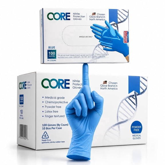 CoreGloves Heavy Duty Long Cuff Nitrile Exam Gloves Disposable Latex Free Powder Free, Blue Medical Gloves, Dental, Nursing - Medium - 100 Count