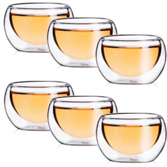 CoreLife Heat Thermal Resistant Double Wall Insulated Glass Sake Tea Cups, 6 Borosilicate Glass Tea Cups (2 oz Tea Cups)