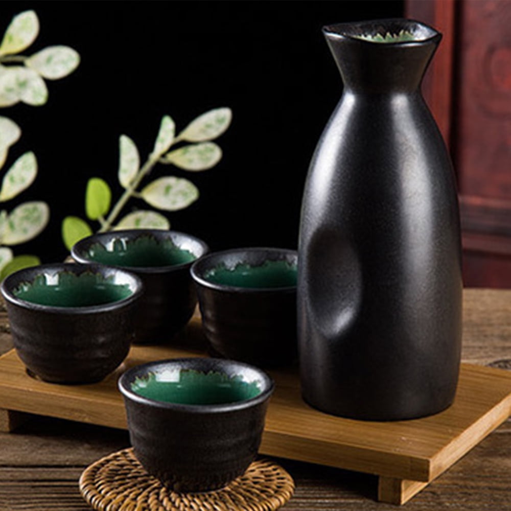SAKE SET - Mist Green Design  Ceramic Bottle, Cups & Bamboo Tray