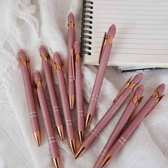 CoreLiving 10 Piece Rose Gold Inspirational Pens Set, Motivational Quote Ballpoint Pens with Stylus Tip for Touch Screen, Black Ink Scripture Pens for Women Office Supplies