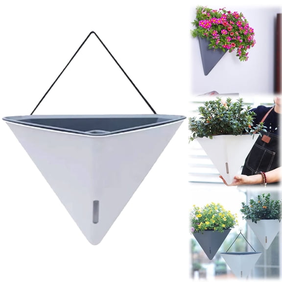 CoreLiving 12 Inch Self Watering Wall Hanging Planter, Gray Wall Mount Triangle Geometric Planter - Large Indoor Wall Vase with Black Metal Hanger for Living Room, Office, Home Decor