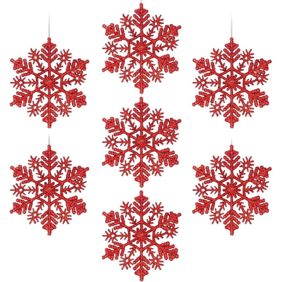 CoreLiving 12-Pack Red Snowflake Ornaments, Plastic Snowflake Ornament Set for Hanging on Christmas Tree and Ceiling, Mini Snowflake Decor for Winter Wonderland Theme Party and Home