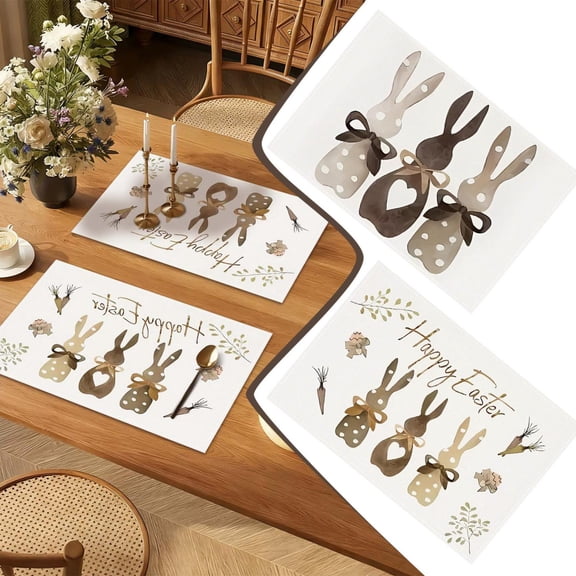 CoreLiving 12x18 Inch Washable Vintage Spring Placemats for Dining Table Easter Decorations with Watercolor Rabbit and Carrot Design Rustic Farmhouse Holiday Table Mats