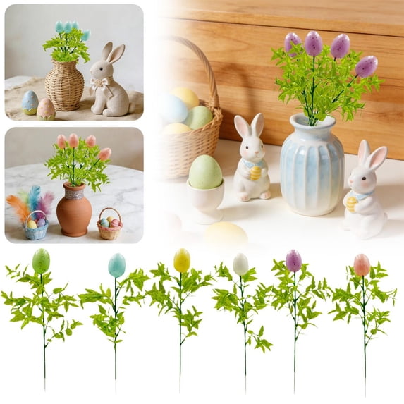CoreLiving 13.7" Easter Egg Floral Picks with Greenery, Artificial Spring Berry Stems for Easter Tree Decor and Wreath Making, Floral Stems for Easter Table Centerpieces and Vase Fillers, Set of 6