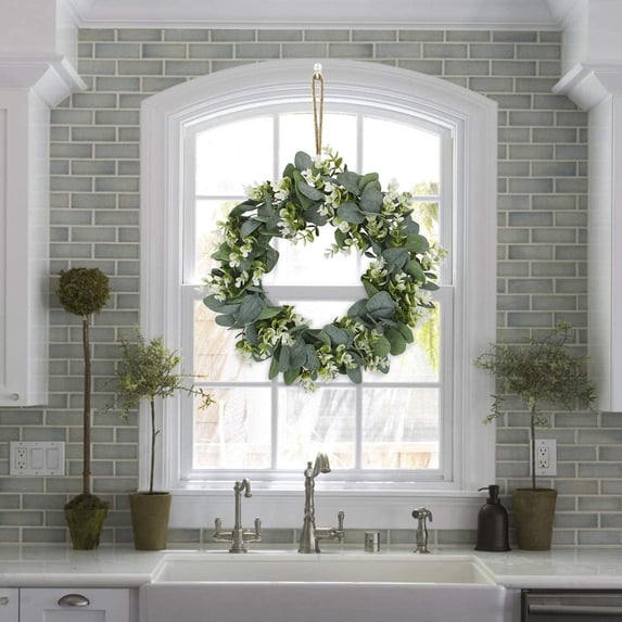 CoreLiving 15 Inch Artificial Eucalyptus Wreath Round Green Fabric Greenery Wreath Fake Plant Faux Leaf Wreath for Farmhouse Rustic Home Decor Spring Door Decoration Wall Window Accent