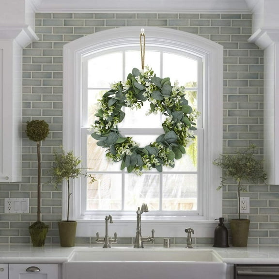 CoreLiving 15 Inch Artificial Eucalyptus Wreath Round Green Fabric Greenery Wreath Fake Plant Faux Leaf Wreath for Farmhouse Rustic Home Decor Spring Door Decoration Wall Window Accent