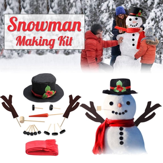 CoreLiving 15 Pcs Christmas Snowman Dress Up Kit with Solid Red Scarf, Santa Hat and Branch Arms, Winter Snowman Decorating Toy Set for Kids Outdoor Fun