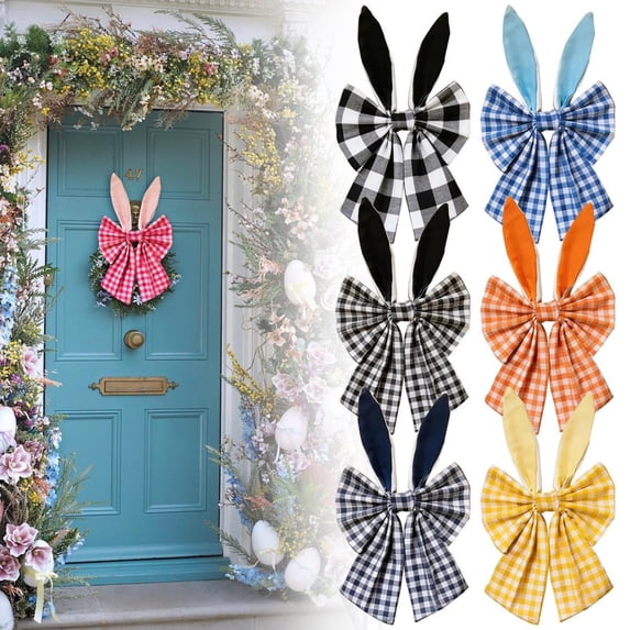CoreLiving 16 Inch Buffalo Plaid Easter Bow Bunny Ears Design for Wreath Spring Tree Topper Decoration Black White Burlap Style Ribbon Bow Premade Craft Bow for Home Party