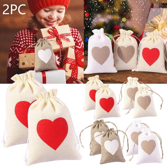 CoreLiving 2 Packs Burlap Gift Bags for Halloween & Fall Decor, Rustic Small Drawstring Candy Pouches with Heart Print, Reusable Fabric Treat Bags 4"x6"