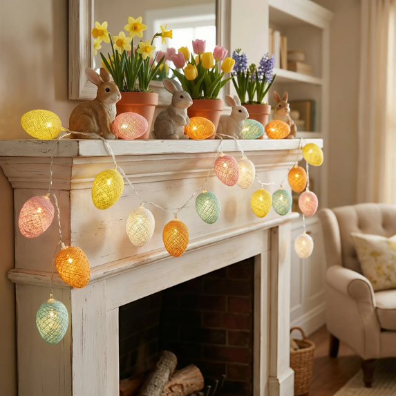 CoreLiving 20LED Easter Egg Lights Waterproof Spring Pastel Color Fairy String Lights with Timer for Indoor Home Fireplace Wall Window Outdoor Fence Clearance Decorations