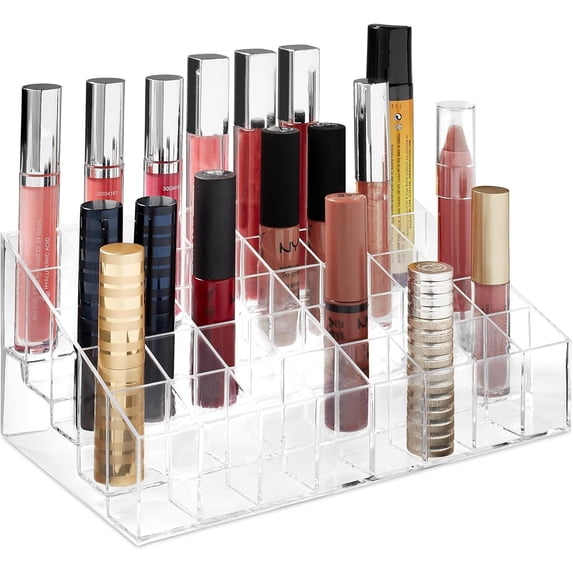 CoreLiving 24-Slot Clear Plastic Makeup Organizer, Lipstick Holder for Vanity Countertop, Cosmetic Display Case for Lip Gloss, Mascara, Perfume Samples, Chapstick and Brush Storage