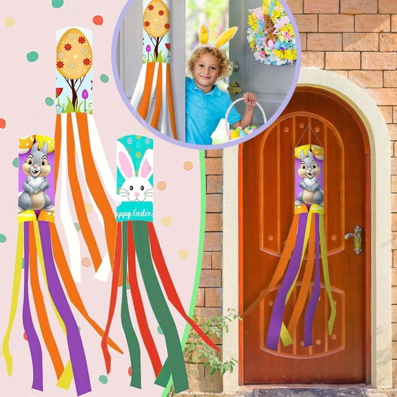 CoreLiving 40 Inch Bunny Easter Windsock Spring Outdoor Hanging Decorations Double Sided Garden Flag Style Wind Spinner for Yard Patio Balcony Porch