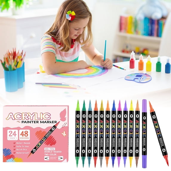 CoreLiving 48 Colors Acrylic Paint Pens, Dual Tip Markers with Fine and Brush Tips for Calligraphy, Canvas Painting, Wood, Metal, Glass, Ceramic, Rock and DIY Craft Supplies