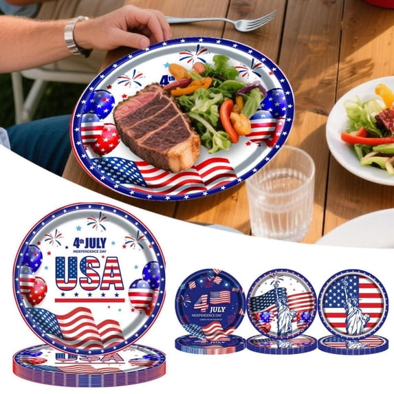 CoreLiving 4th of July Paper Plates Red White Blue Disposable Tableware Star Design Heavy Duty 7 Inch for Fourth of July Memorial Day BBQ Summer Party 10 Plates