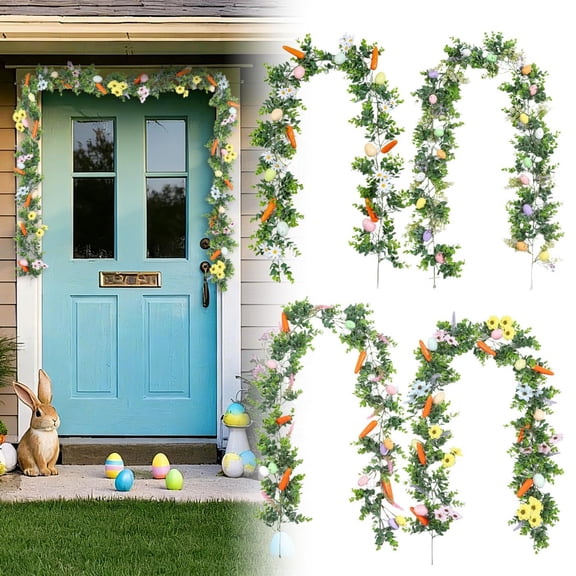 CoreLiving 5.9 FT Easter Egg and Carrot Garland Artificial Spring Floral Garland for Mantle Decor Indoor Home Decorations for Kitchen Fireplace Wall Dining Room Table Centerpieces