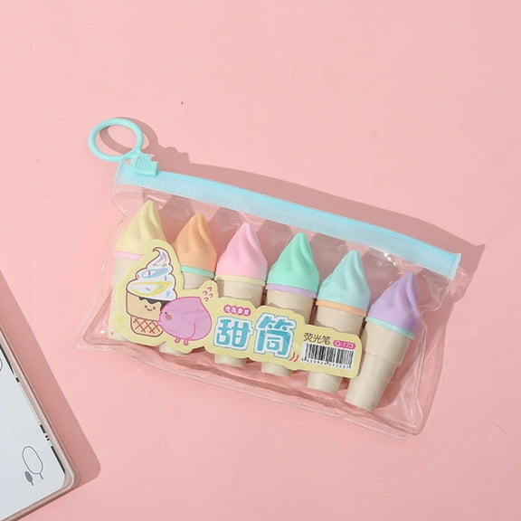 CoreLiving 6-Pack Cute Mini Highlighters Assorted Pastel Colors Ice Cream Shape Fluorescent Marker Pens No Bleed for Journaling Planning Bible Annotation Office Supplies