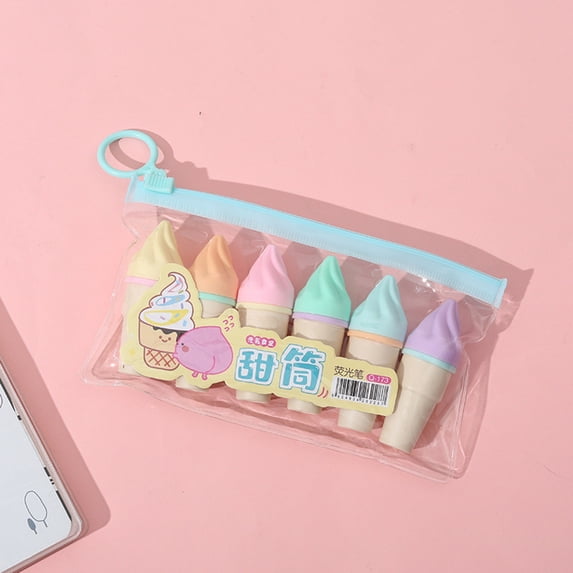 CoreLiving 6-Pack Cute Mini Highlighters Assorted Pastel Colors Ice Cream Shape Fluorescent Marker Pens No Bleed for Journaling Planning Bible Annotation Office Supplies