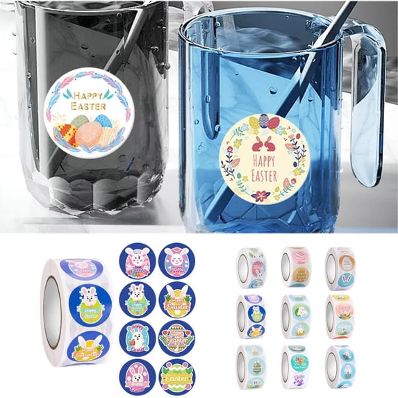 CoreLiving 8-Design Easter Sticker Roll, Vibrant Spring-Themed Bunny and Egg Labels, Self-Adhesive Craft Stickers for Gift Tags Party Decorations, 500pcs