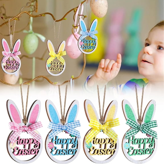 CoreLiving 8 Pieces Easter Wooden Hanging Bunny Ornaments Hollowed Out Shape with Plaid Bows and Rope for Spring Tree Decorations Home Garden Decor