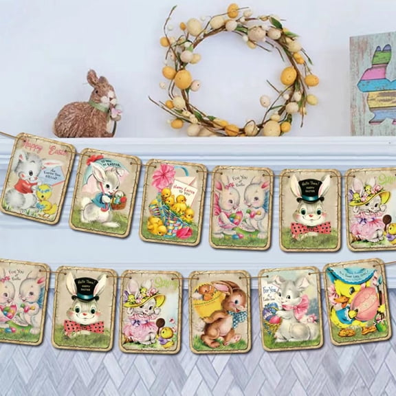 CoreLiving 9-Piece Vintage Easter Banner Farmhouse Bunny Rabbit Hanging Garland Card Decorations for Indoor Home Mantle Wall Spring Holiday Party Supplies