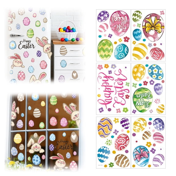CoreLiving 96 Pcs Easter Window Stickers 6 Sheets, Reusable Double-Sided Gel Window Clings for Glass, Spring Bunny Rabbit Decorations for Home Office Living Room Window