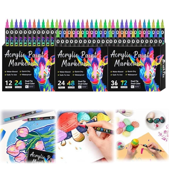 CoreLiving Acrylic Paint Markers, 12 Count Dual Tip Brush and Fine Tip Paint Pens for Rock Painting, Wood, Canvas, Glass, Ceramic, Fabric and DIY Craft Art Supplies