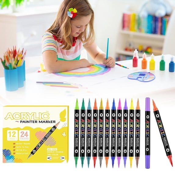 CoreLiving Acrylic Paint Markers Set, Dual Tip Art Supplies with Fine and Brush Tip Pens for Rock Painting, Canvas, Wood, Glass, Ceramic, Stone, Metal and DIY Crafts, 24 Colors