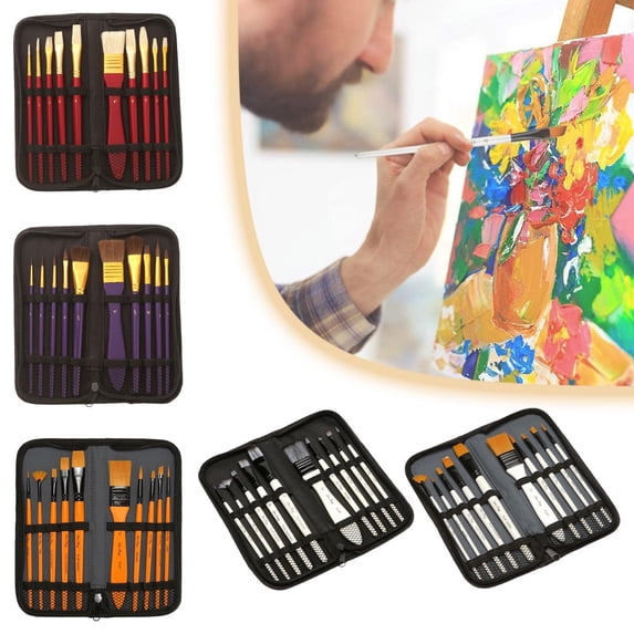 CoreLiving Art Paintbrush Set 10pcs Multifunctional Brushes for Acrylic Paint Oil Painting and Watercolor Including Detail Flat and Round Brushes with Portable Brush Holder