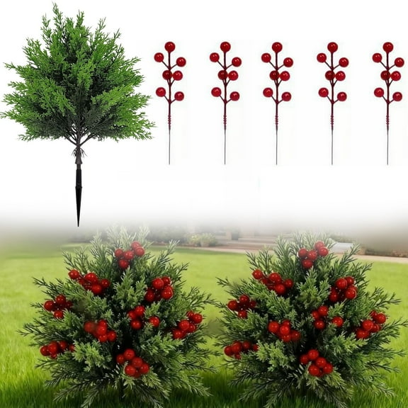 CoreLiving Artificial Cedar Topiary Trees & Bushes with UV Resistant Faux Norfolk Pine Leaves and Red Berries, Outdoor Artificial Shrub Ball for Planters, Christmas Greenery and Holiday Topiary Decor