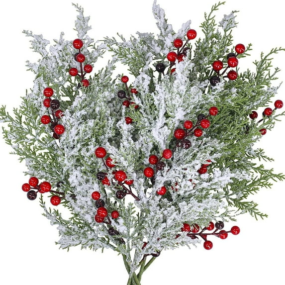 CoreLiving Artificial Christmas Flowers Picks & Sprays,19" Snowy Cedar Greenery Stems with Red Berries, Frosted Faux Outdoor Safe Branches for Xmas Tree, Wreath, Vase Floral Arrangement Holiday Decor