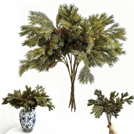 CoreLiving Artificial Christmas Greenery Stems Realistic Cedar Juniper Norfolk Pine Magnolia Real Touch Faux Pine Stems with Cones for Vases DIY Garland Xmas Table Indoor Decor
