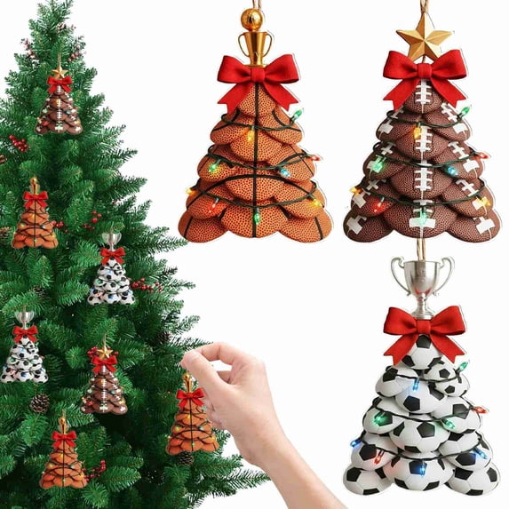 CoreLiving Basketball Christmas Tree Ornament - Acrylic Sports Holiday Pendant with Red Bow & Trophy Topper, Indoor Xmas Hanging Decor for Home