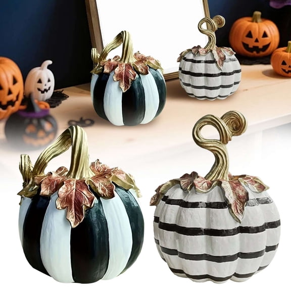 CoreLiving Black and White Pumpkin Decor Striped Decorative Pumpkin Table Centerpiece for Fall Decorations for Home and Halloween Indoor Decor