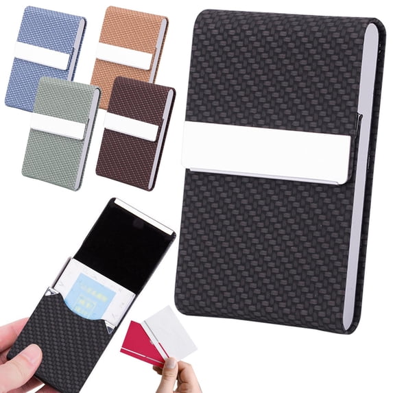CoreLiving Business Card Holder Case for Men, Ultra Slim Leather Business Card Organizer with Magnetic Closure, Metal Name Card Holder Wallet for Suits, Blue, 1PK