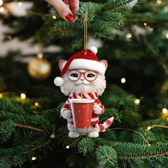 CoreLiving Cat Christmas Decorations, Mini Cat Ornaments, Small Acrylic Cat Ornament Cute Cartoon Cat in Cup with Santa Hat, Holiday Decor for Christmas Tree Gifts for Girls