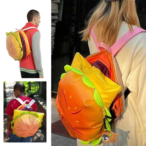 CoreLiving Cheeseburger Backpack Hamburger Food Shaped Novelty Daypack Multi-Compartment Circular Plush Travel Bag for Adults with Padded Straps Unique Foodie Gift Unique Aesthetic 1 Pack