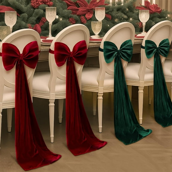 CoreLiving Christmas Bows for Chairs, Stretchy Chair Bows & Sashes, Red Velvet Chair Covers & Elegant Ribbons Tie Bands for Holiday Decor, Christmas Wedding Birthday Party Dining Room Decorations