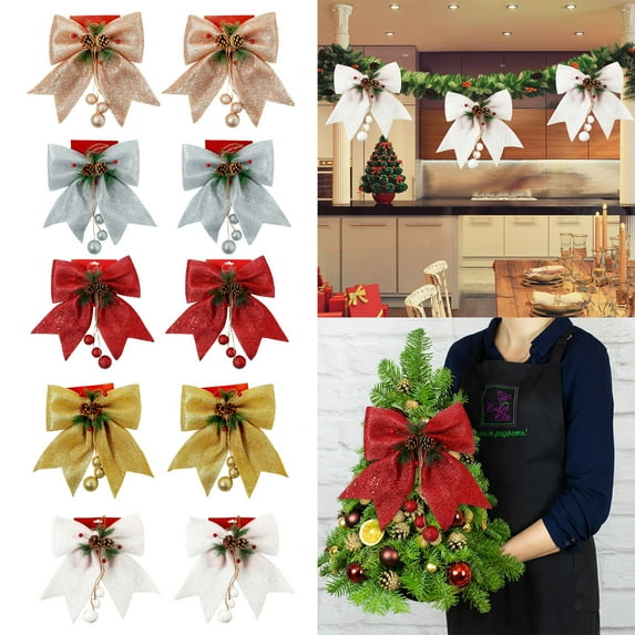 CoreLiving Christmas Bows for Staircase, 2-Pack Glitter Sequin Wreath Bow, 9.8x11.8 Inch Large Outdoor/Indoor Xmas Decor, for Staircase Railings Mantle Party Holiday Decoration