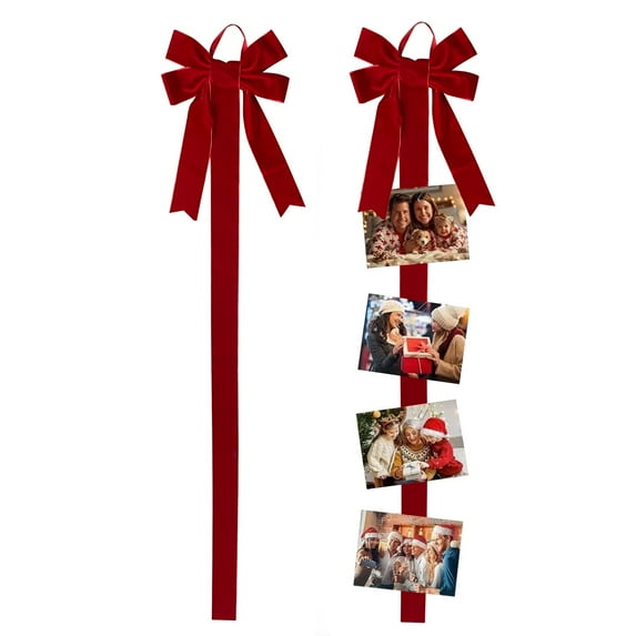 CoreLiving Christmas Card Holder Display with Red Velvet Bow, Hanging Photo Display Wall Decor for Xmas Party Home Wall Door Window Holiday Decorating